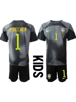 Brasilien Alisson Becker #1 Målvakt Replika Hemmakläder Barn VM 2022 Kortärmad (+ byxor)